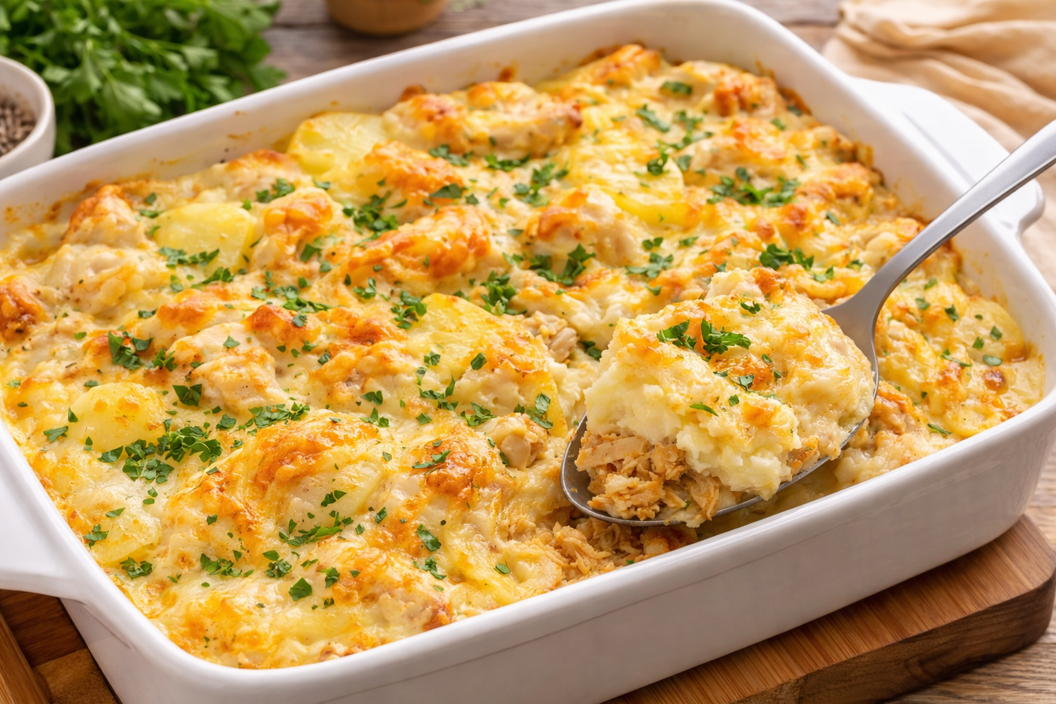 Escondidinho de frango cremoso com purê de batata