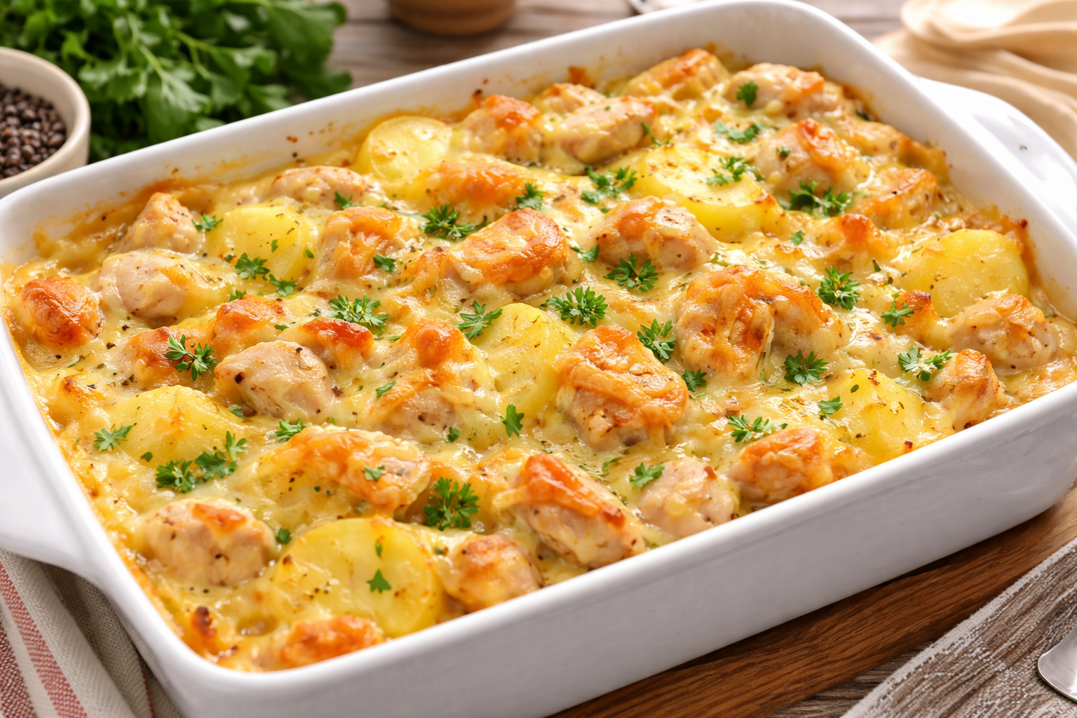 Frango cremoso de forno com batatas