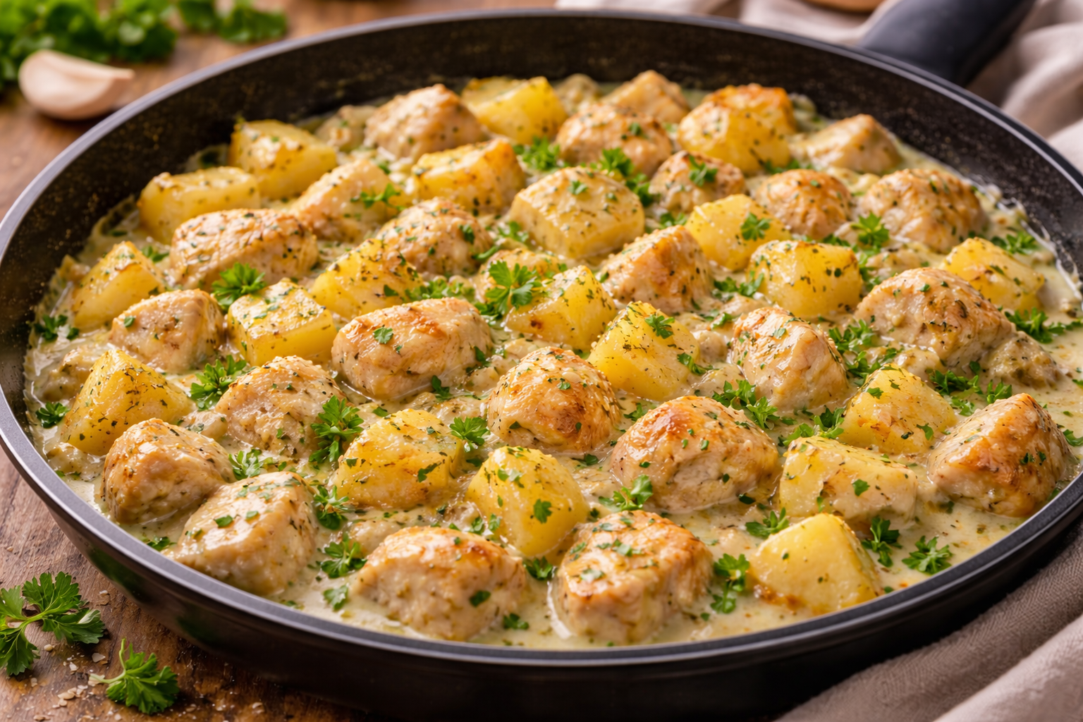 frango cremoso com batatas na frigideira