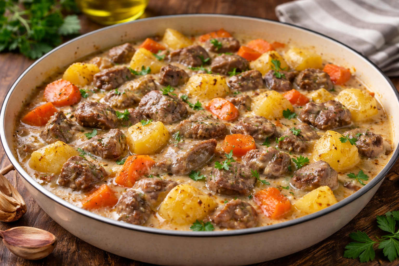 Carne cremosa com batatas e cenoura