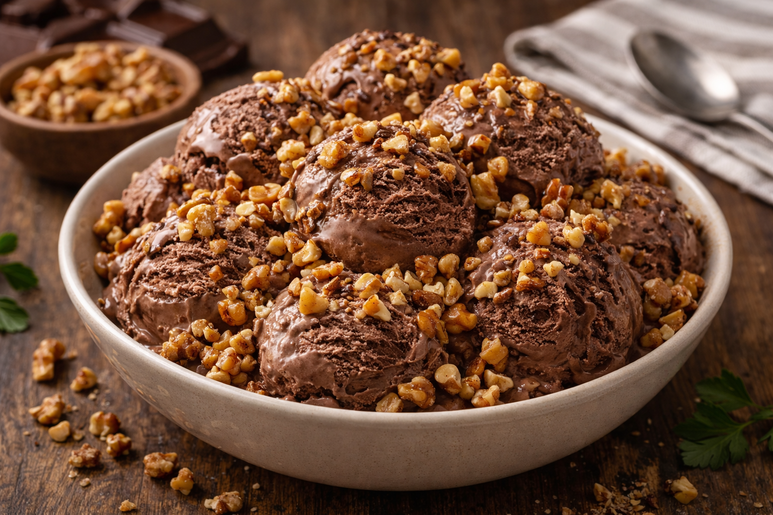 Sorvete cremoso de chocolate com crocante de nozes