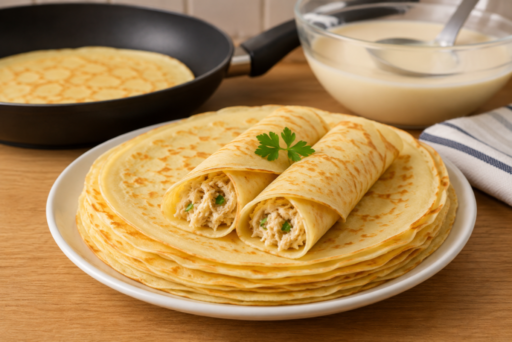 Uma panqueca irresistível com recheio de frango cremoso, textura macia e sabor caseiro. Perfeita para surpreender toda a família!