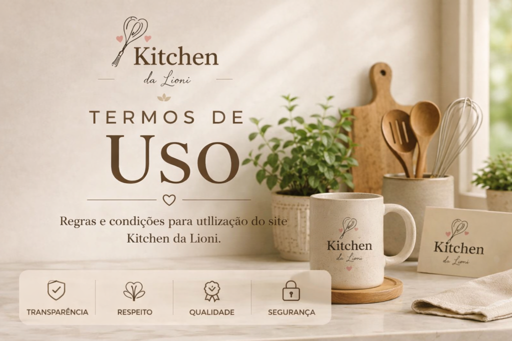 lustração representando os Termos de Uso do Kitchen da Lioni, com documento digital, escudo de segurança e elementos que simbolizam transparência, responsabilidade e uso adequado do site.
